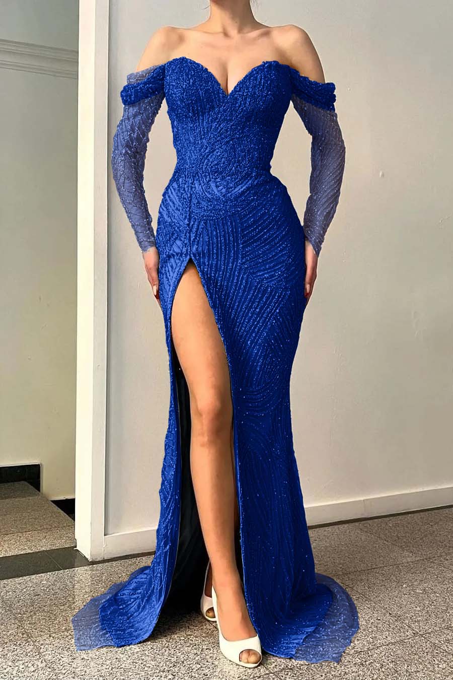 Blue Long-Sleeve Off-the-Shoulder Sweetheart Mermaid Evening Dress with Sequins | Ballbella