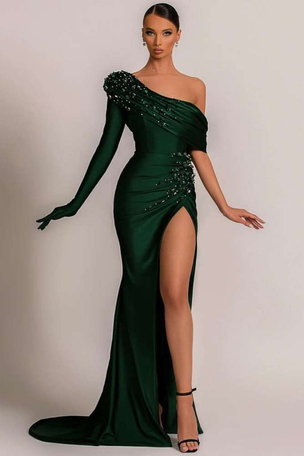 Beautiful Dark Green One-Shoulder Long Sleeve Evening Dress with Beaded Mermaid Split | Ballbella