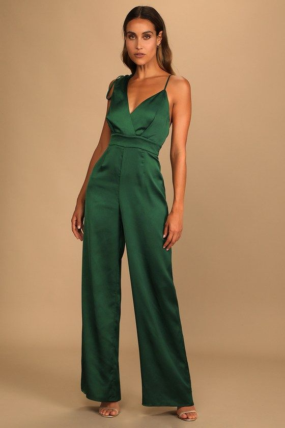 Luxe Emerald Green Satin Asymmetrical Wide-Leg Jumpsuit | Ballbella