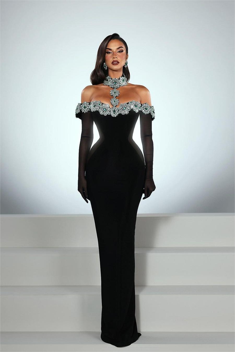 Charming Black Satin Long-Sleeve Off-the-Shoulder Prom Dress with Beadings | Ballbella