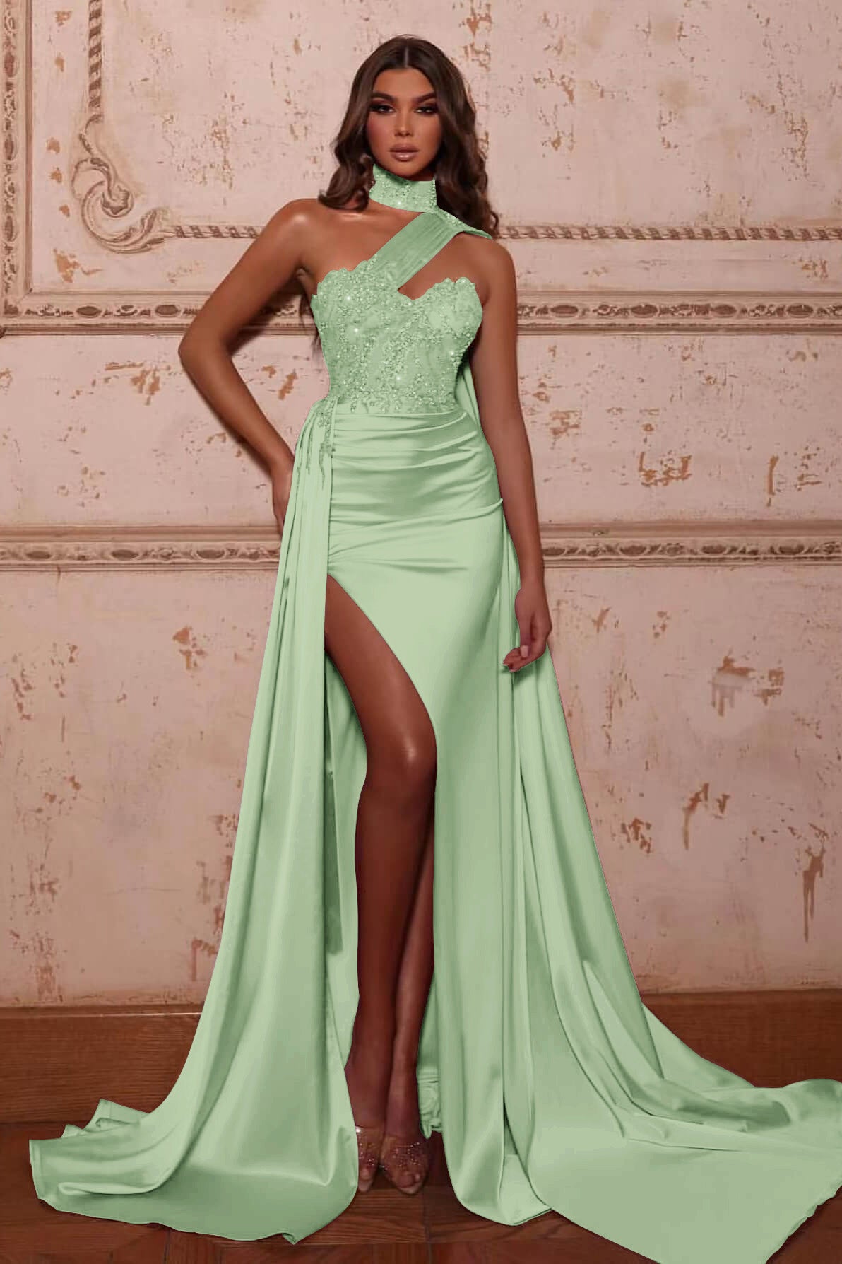 High Neck Mermaid Evening Dress with Split, Beads, and Ruffles | Ballbella