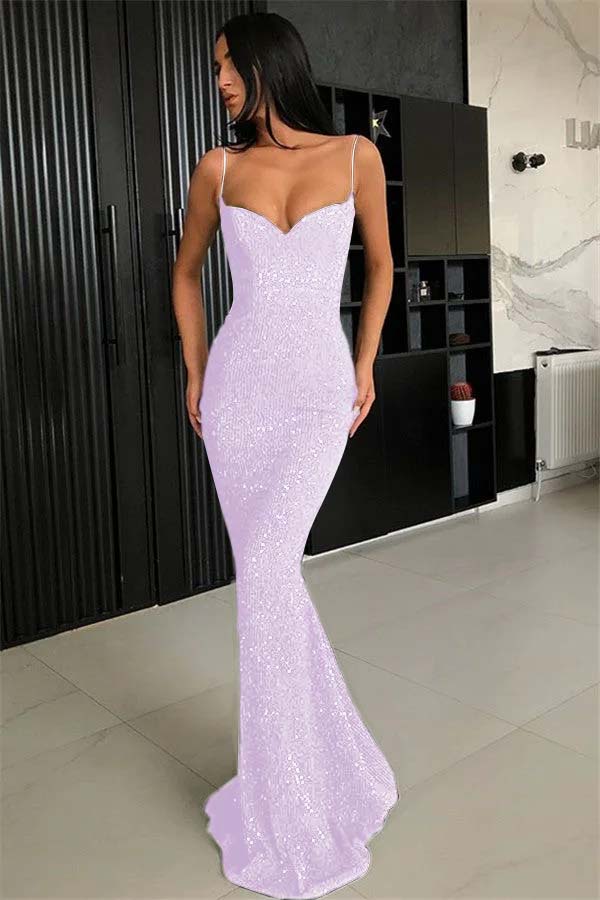 Chic Spaghetti-Strap Black Mermaid Prom Dress with Sequins | Ballbella