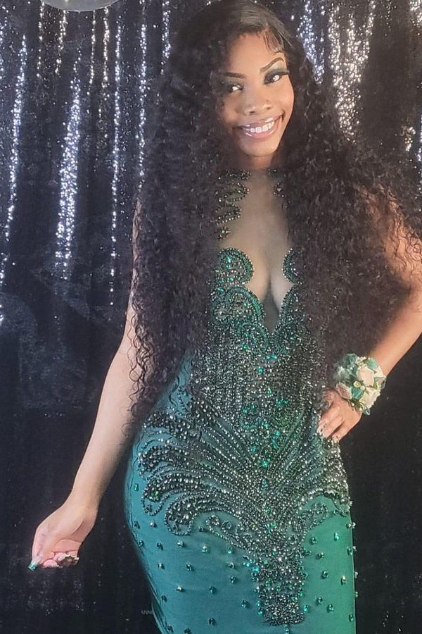 Dark Green Sequins Mermaid Prom Dress with Beaded Appliques | Ballbella