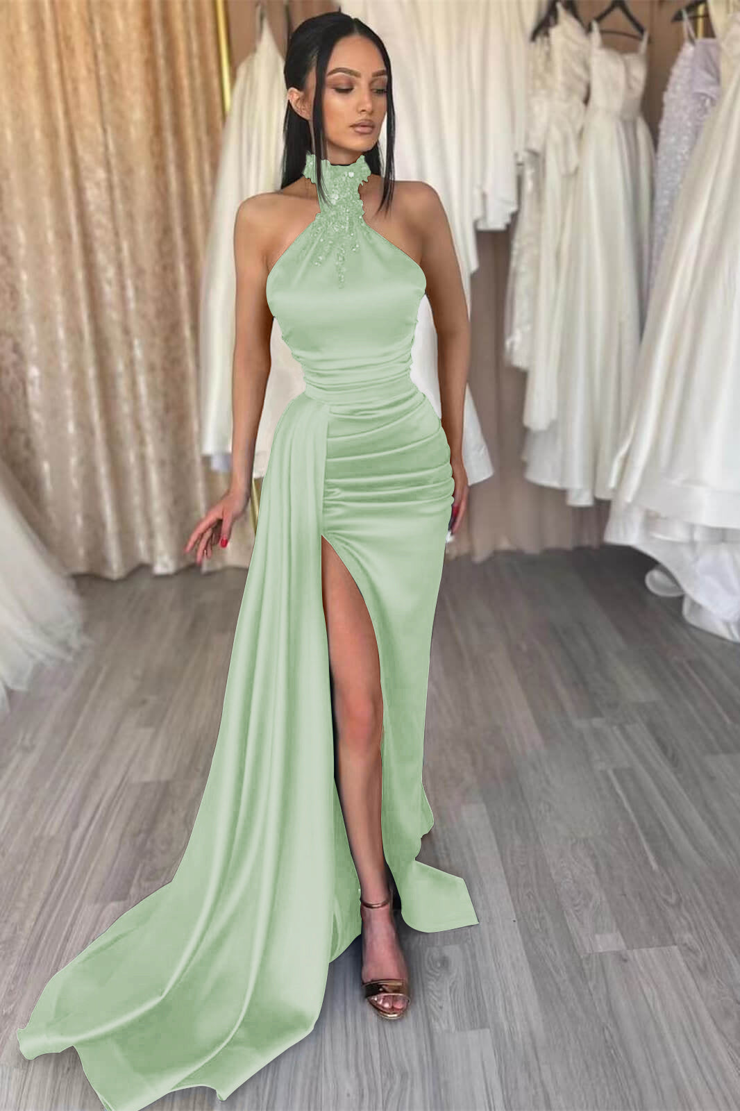 High-Neck Dark Green Split Evening Dress Mermaid with Beadings and Ruffles | Ballbella