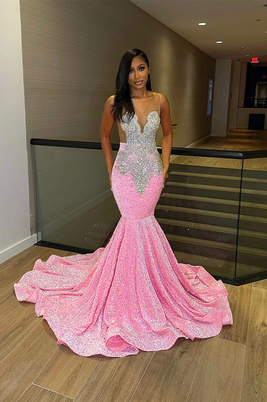 Glamorous Pink Straps Mermaid Beaded Prom Dress with Silver Sequins | Ballbella