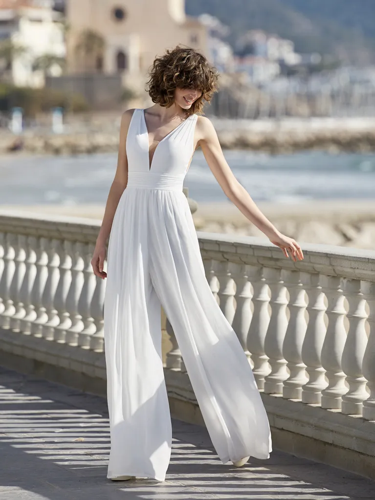 Bridal Ivory Polyester Floor-Length Jumpsuit with V-Neck & Sleeveless Design | Ballbella