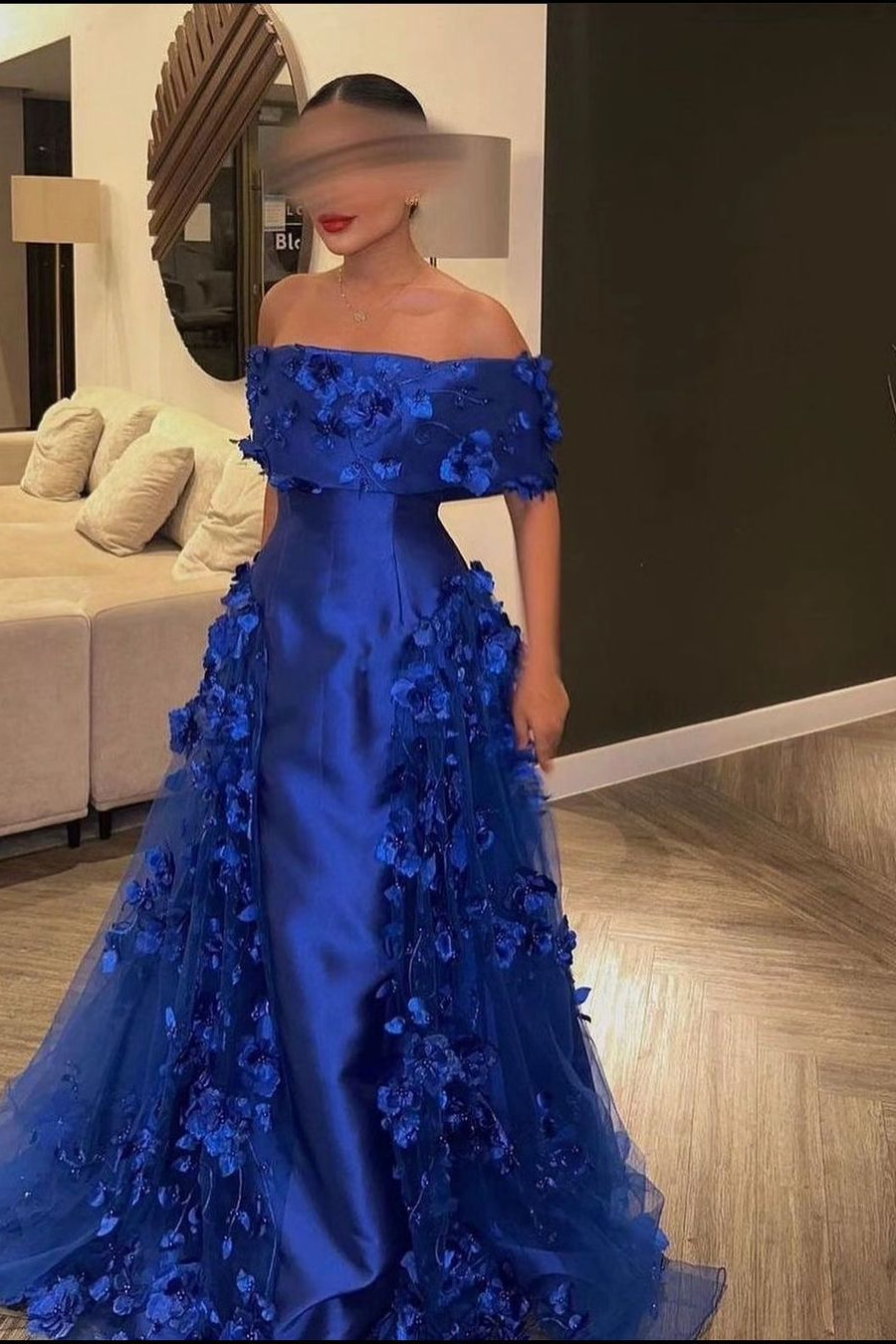 Chic Royal Blue Satin Off-the-Shoulder Strapless Prom Dress with Flowers | Ballbella