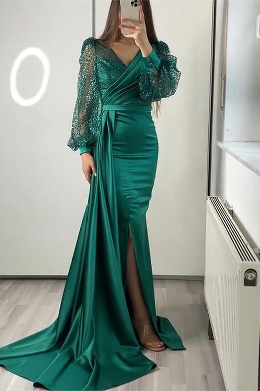 Black V-Neck Sequins Long-Sleeve Mermaid Split Evening Dress with Ruffle | Ballbella