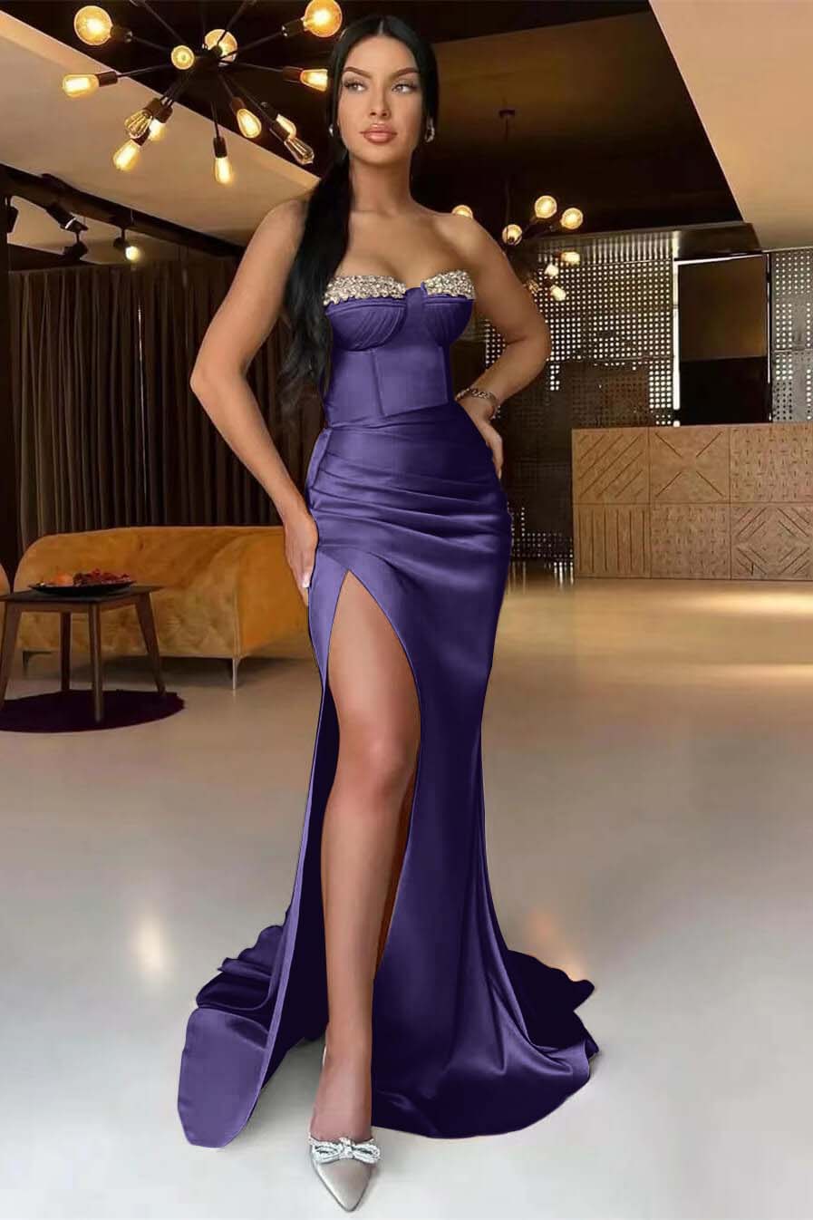 Beautiful Dark Champagne Strapless Slit Mermaid Long Prom Dress with Beads and Pleats | Ballbella