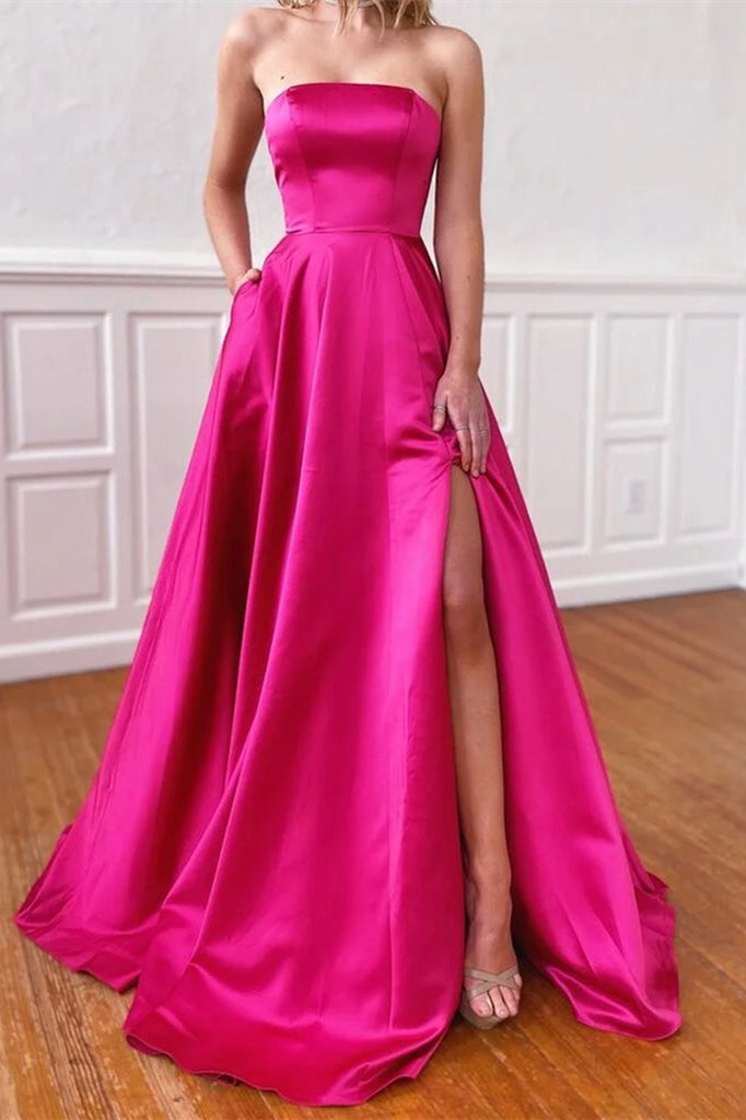 Fuchsia Strapless Prom Dress with Pockets and Side Split | Ballbella