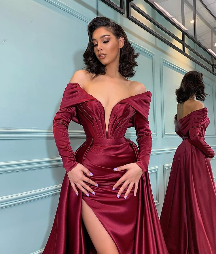 Long-Sleeve Burgundy Evening Dress Mermaid | Ballbella