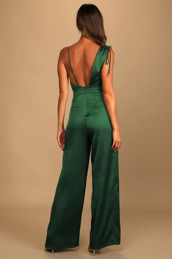 Luxe Emerald Green Satin Asymmetrical Wide-Leg Jumpsuit | Ballbella