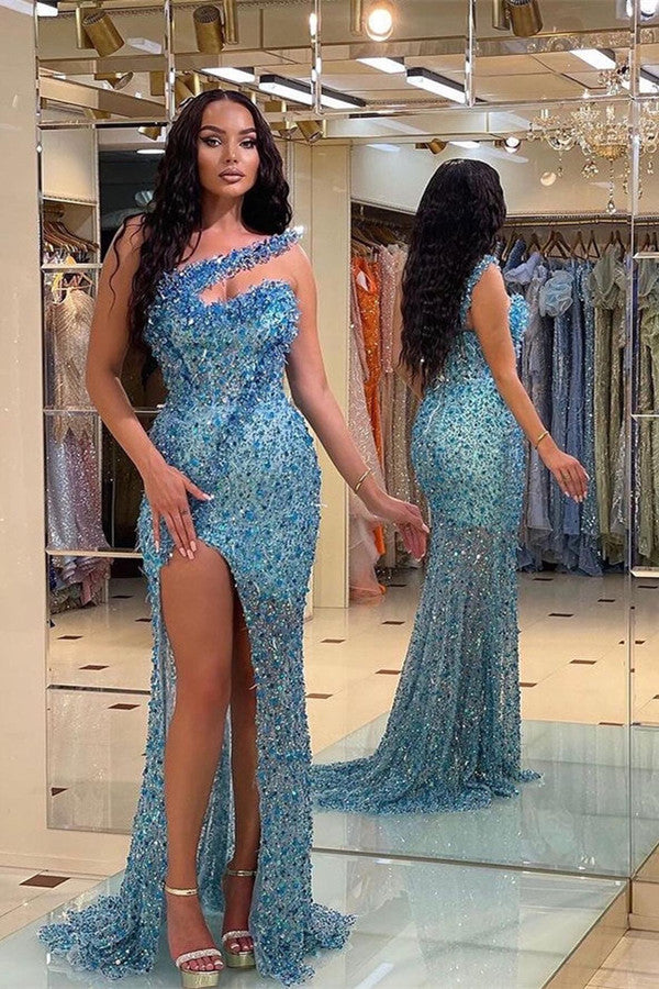 Beautiful Blue Strapless Slit Mermaid Prom Dress with Beadings | Ballbella