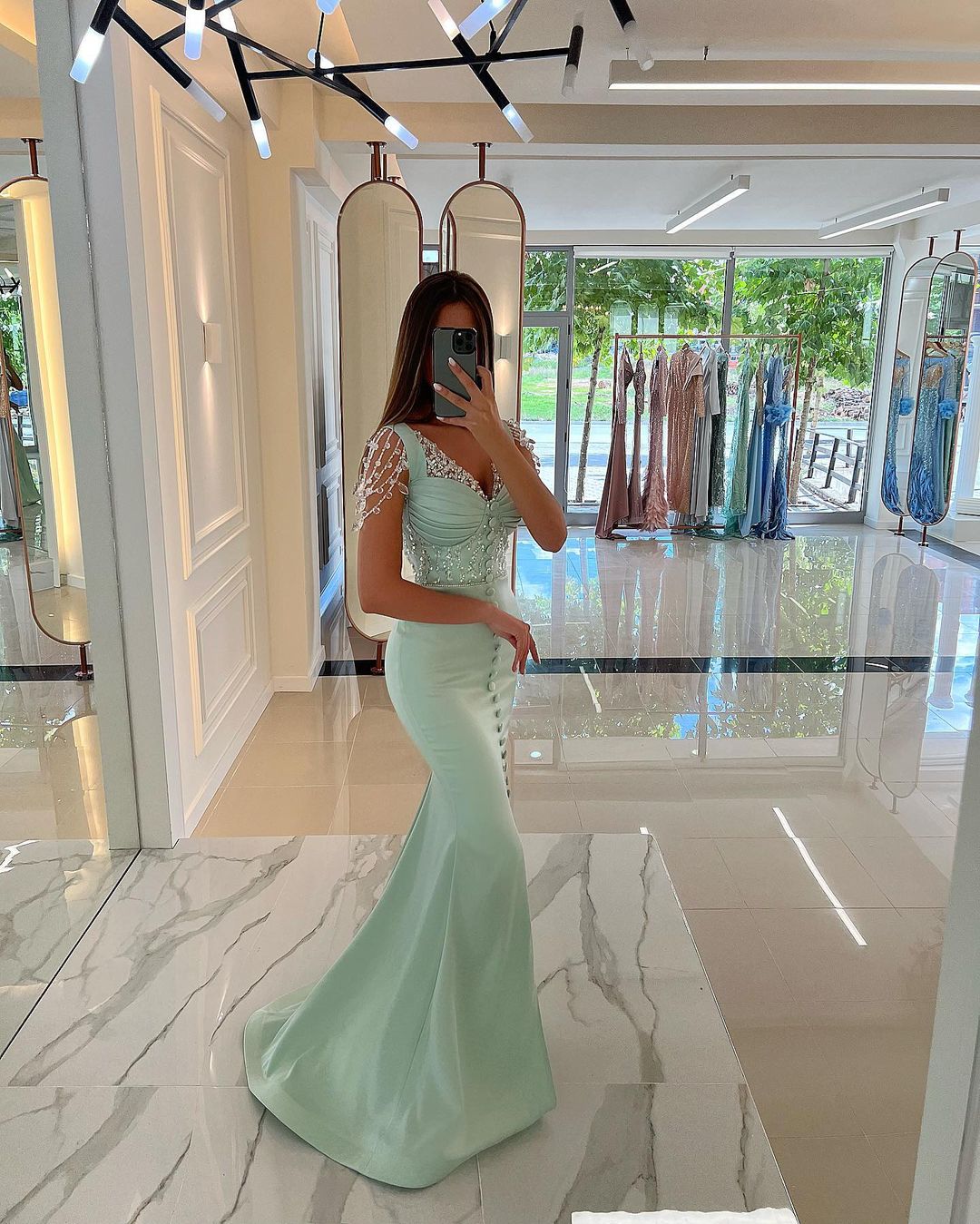 Front-Slit Mint Green Beaded Strap Mermaid Prom Dress with Buttons | Ballbella