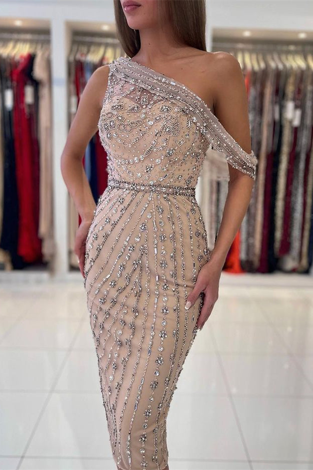 Luxurious Sheath One-Shoulder Knee-Length Prom Dress with Crystals | Ballbella