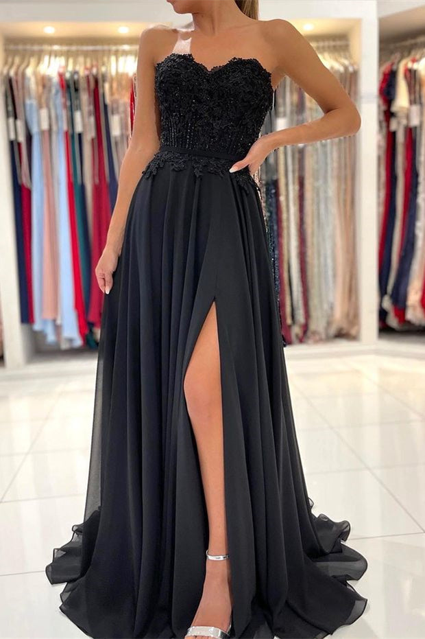 Black Sweetheart Appliques Prom Dress with Split | Ballbella