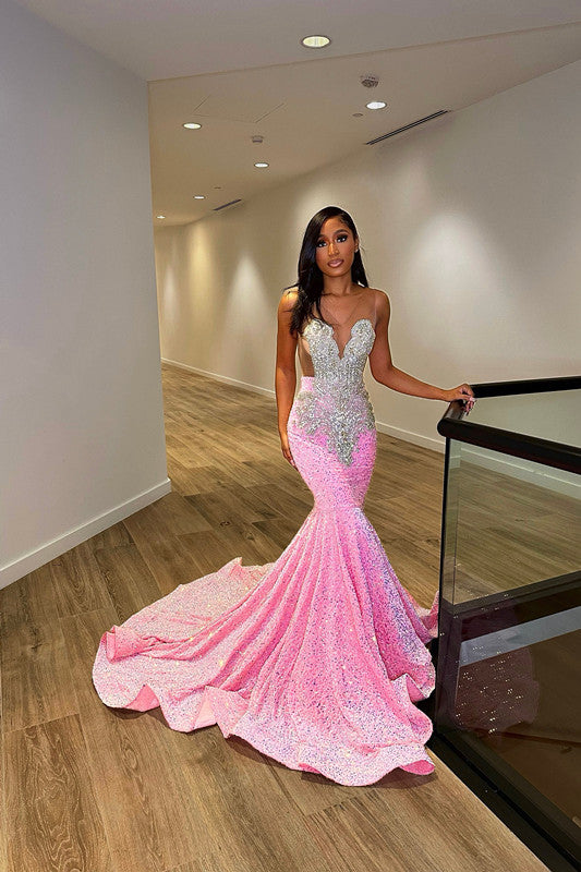 Glamorous Pink Straps Mermaid Beaded Prom Dress with Silver Sequins | Ballbella