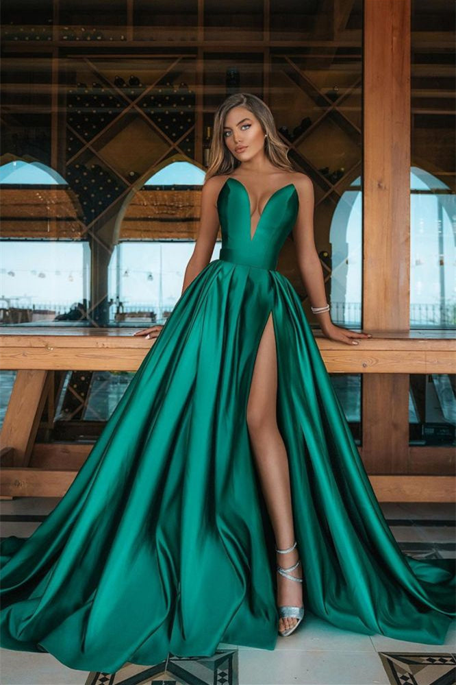 Emerald Green Long V-Neck Prom Dress with Split | Ballbella