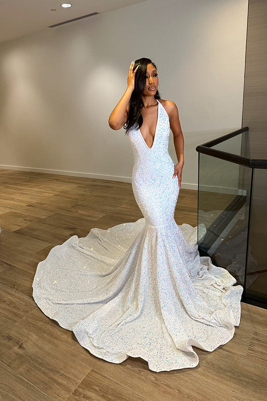 Classy White V-Neck Mermaid Prom Dress with Sequins and Straps | Ballbella