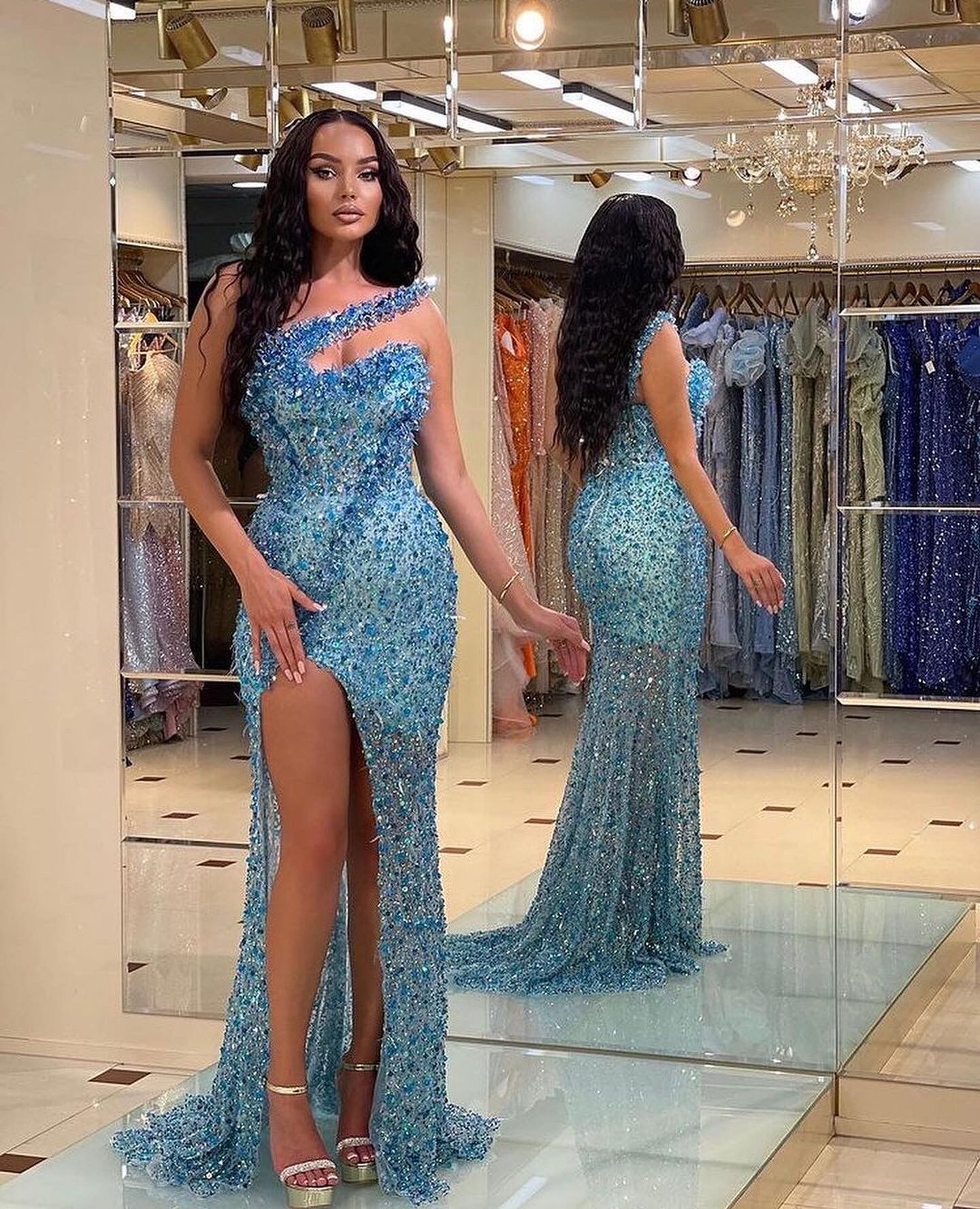 Beautiful Blue Strapless Slit Mermaid Prom Dress with Beadings | Ballbella