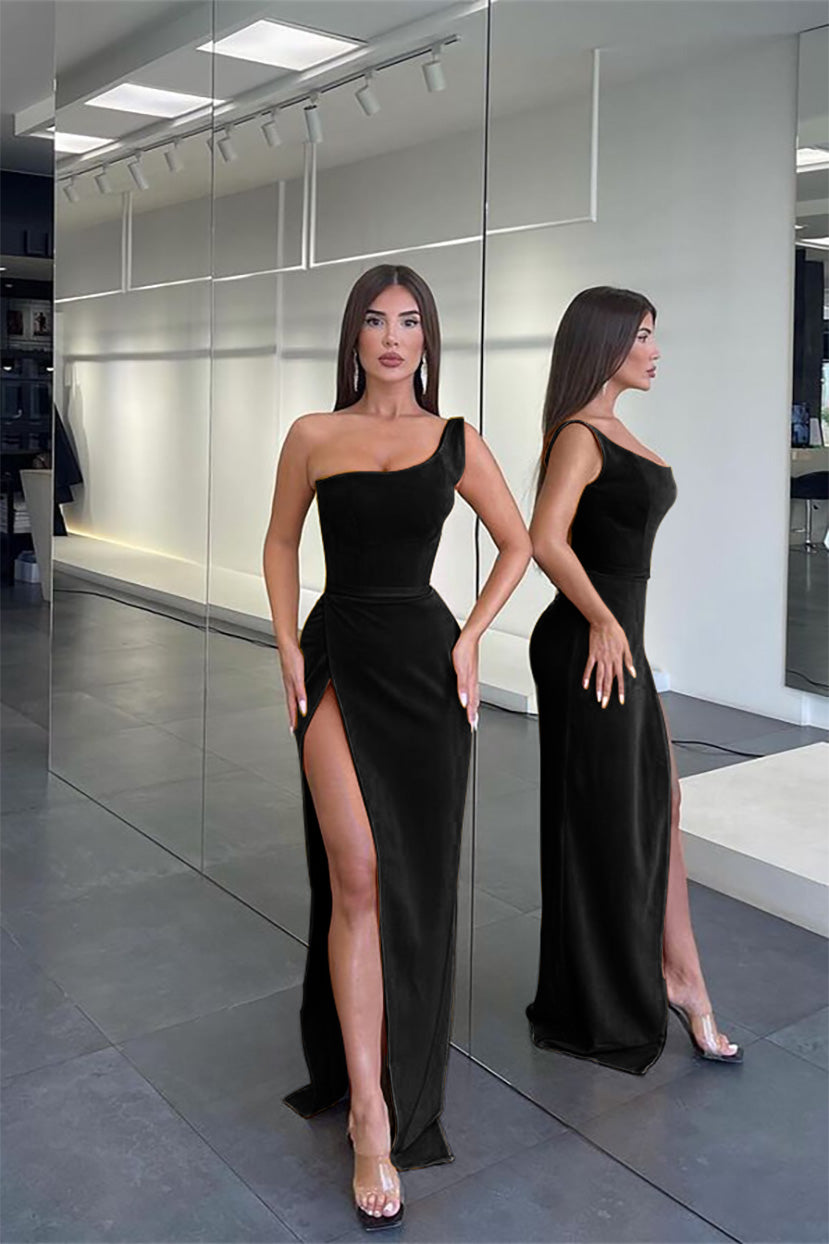 Glamorous One-Shoulder Sleeveless Long Mermaid Evening Dress with Slit | Ballbella