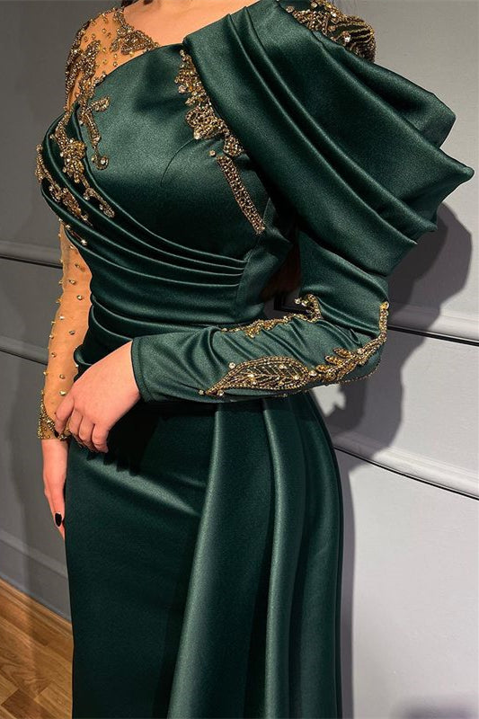 Dark Green Beaded Long-Sleeve Mermaid Evening Dress with Appliques | Ballbella