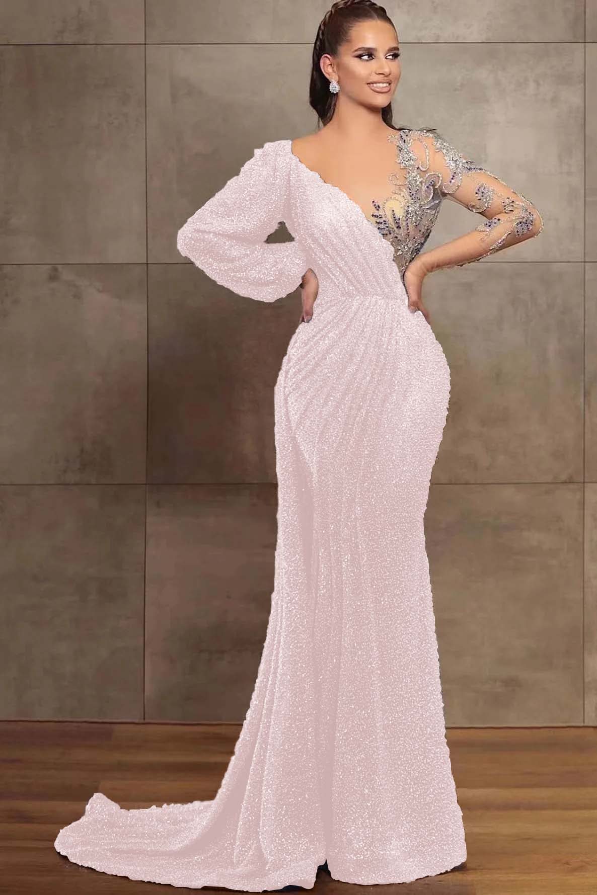 Elegant Sequins Beads Mermaid Evening Dress with V-Neck and Long Sleeves | Ballbella