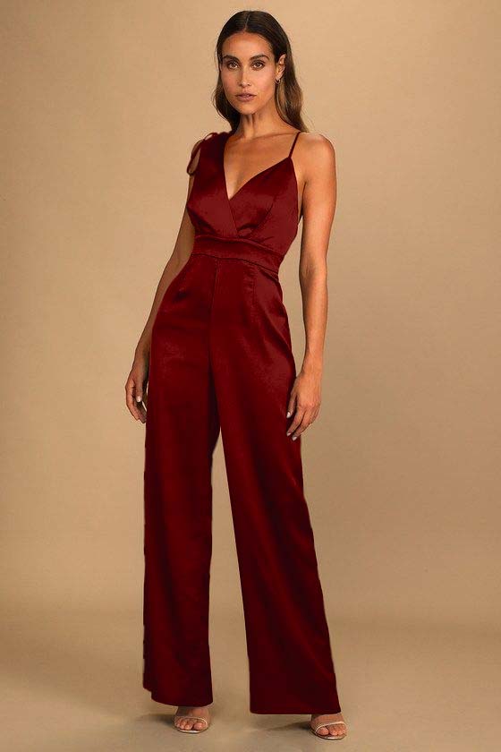 Luxe Rusty Rose Satin Asymmetrical Wide-Leg Jumpsuit | Ballbella