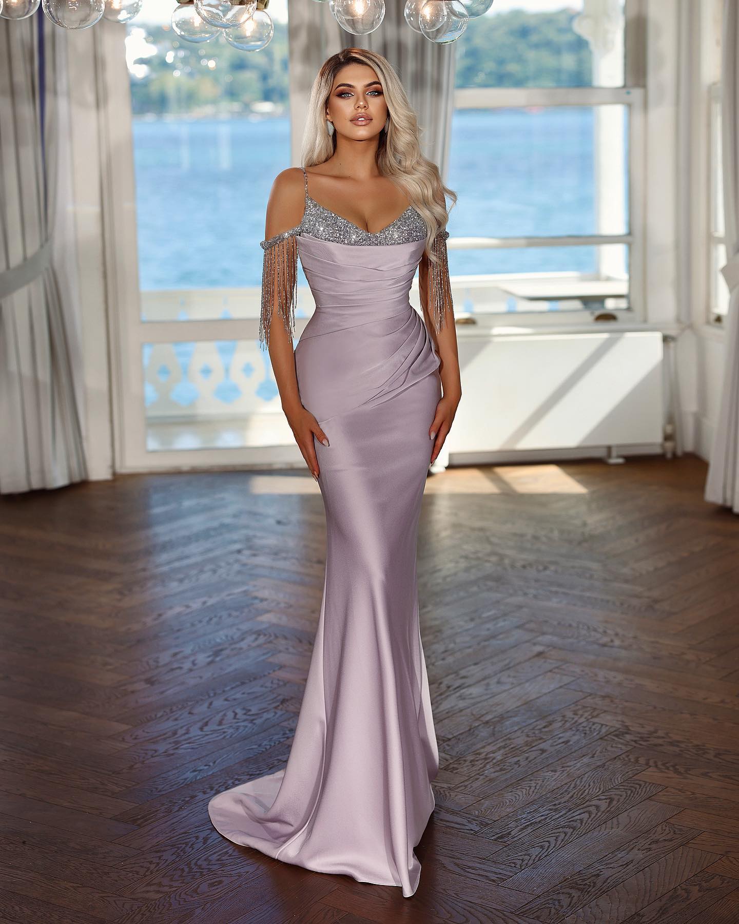 Classic Spaghetti-Strap Off-the-Shoulder Mermaid Evening Dress with Tassels | Ballbella