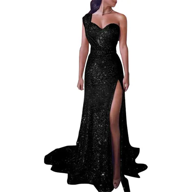 Charming One-Shoulder Mermaid Evening Dress with Slit and Sequins | Ballbella