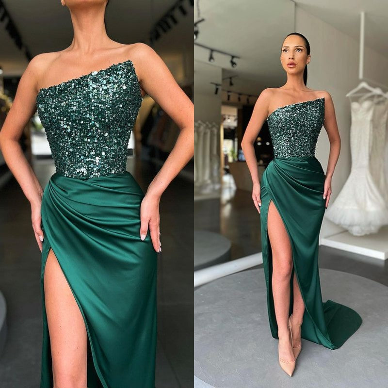 Dark Green Sequins Split Prom Dress | Ballbella