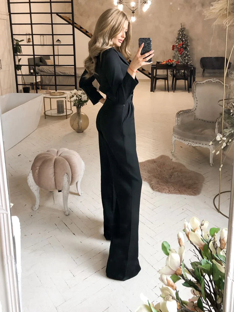 Long-Sleeve V-Neck Black Bridal Jumpsuit | Ballbella