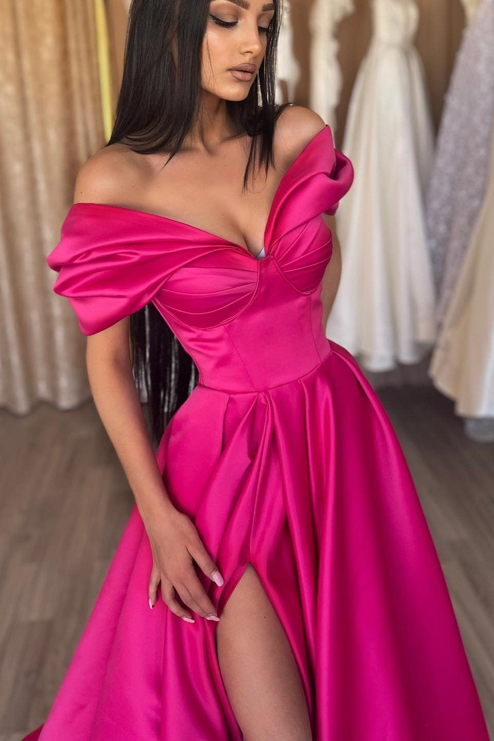 Fuchsia A-Line Portrait Prom Dress with Split | Ballbella