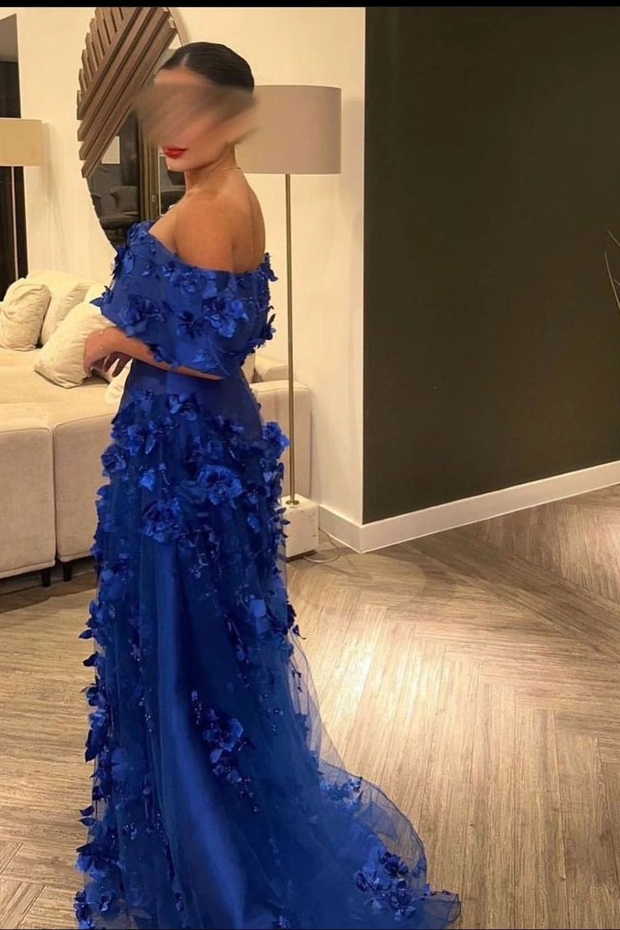 Chic Royal Blue Satin Off-the-Shoulder Strapless Prom Dress with Flowers | Ballbella