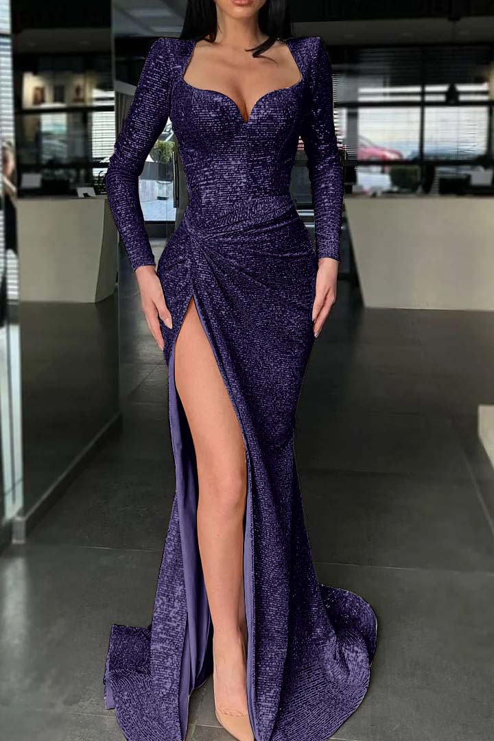 Long-Sleeve Mermaid Evening Dress with Split and Sequins | Ballbella