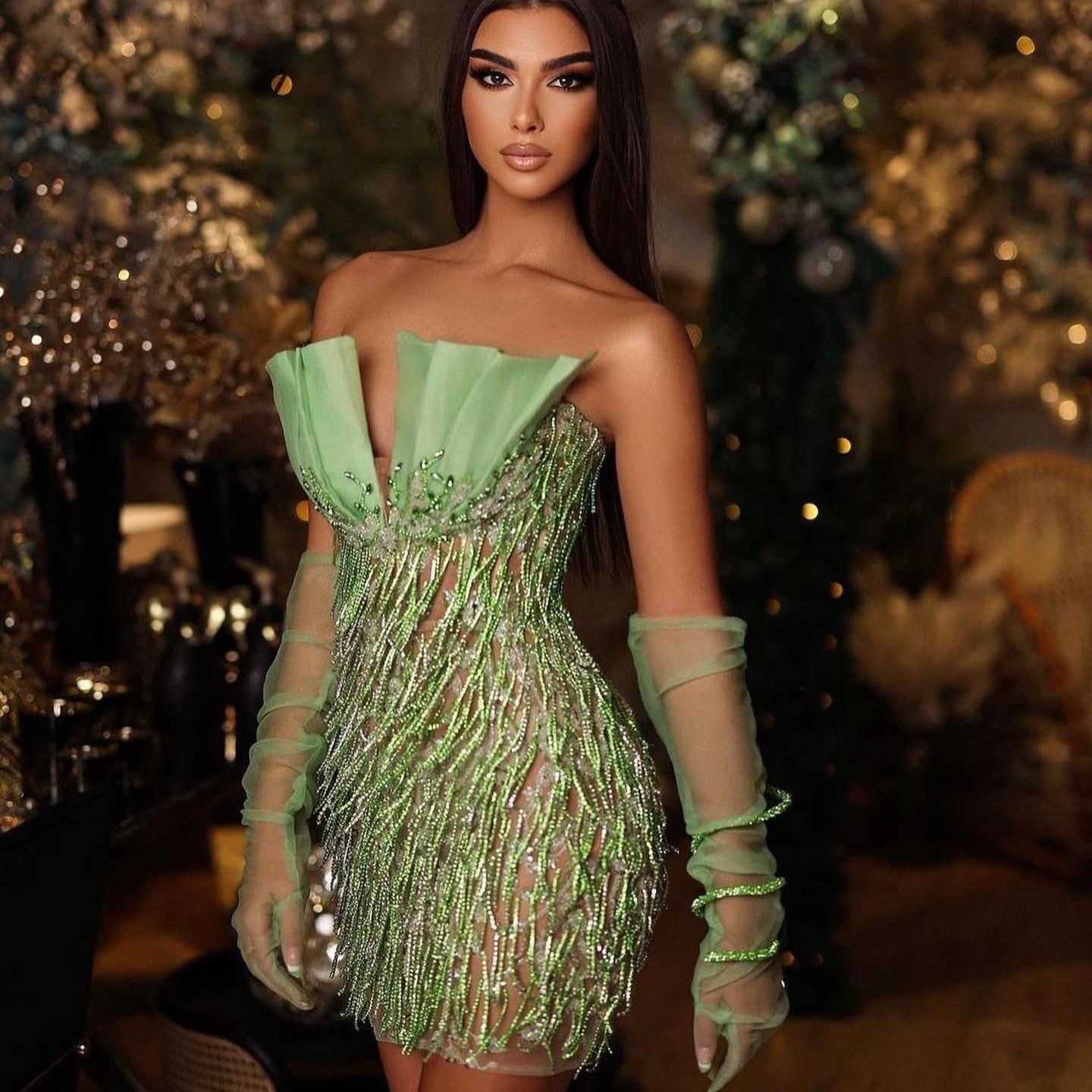 Green Beaded Rhinestone Short Prom Dress with Lace Gloves | Ballbella