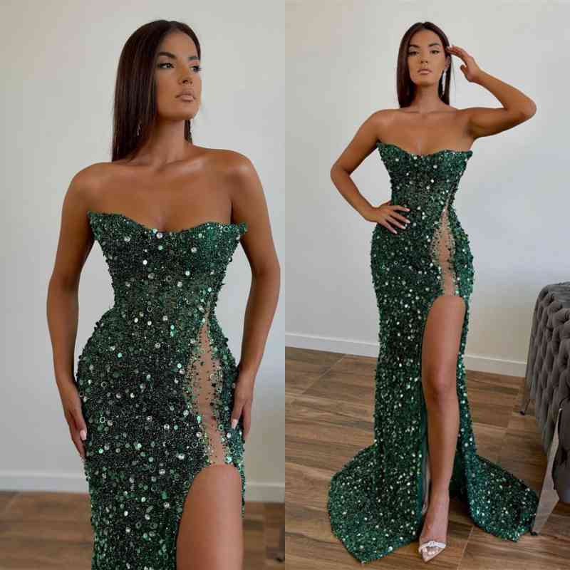 Gorgeous Dark Green Strapless Mermaid Long Prom Dress with Sequins | Ballbella