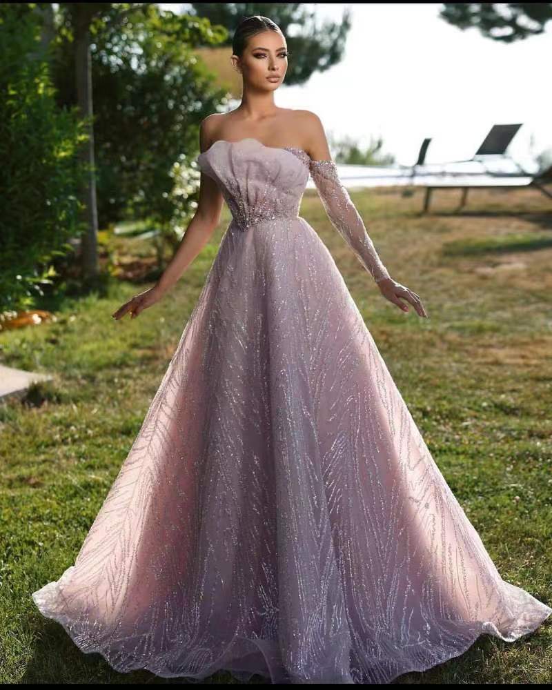 Beautiful Off-the-Shoulder Pink Sequins Mermaid Evening Dress with Beadings and Lace Sleeves | Ballbella