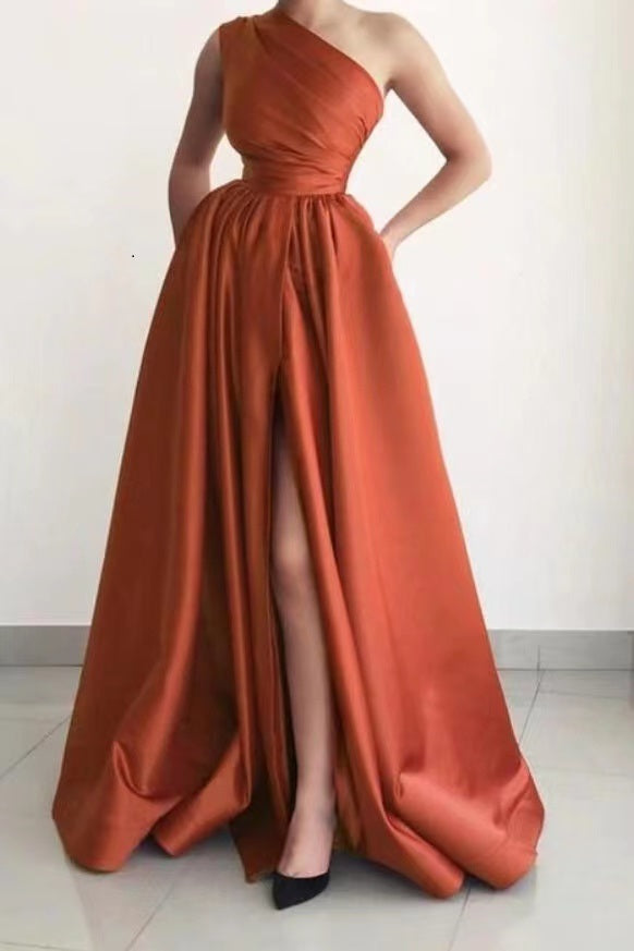 Burnt Orange A-Line Split Elegant Prom Dress with One Shoulder and Pockets | Ballbella