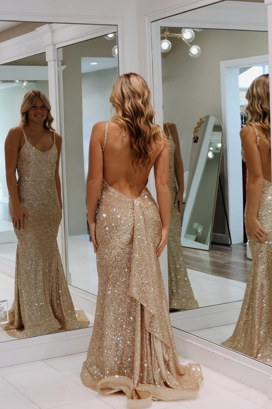 Exquisite Gold Sequins Spaghetti Strap Sleeveless Long Mermaid Prom Dress with Ruffles | Ballbella