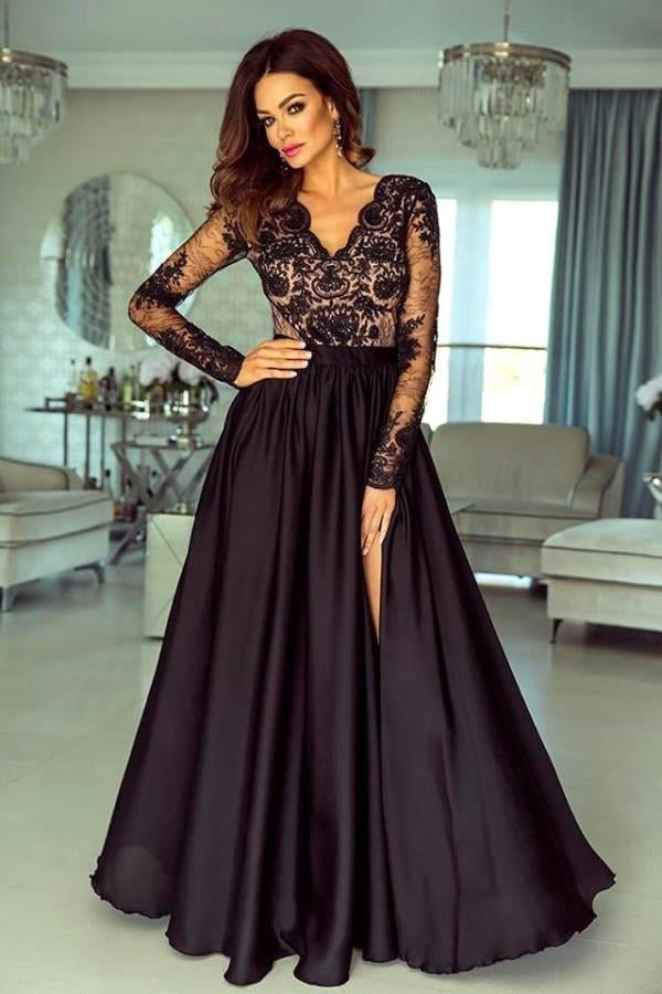 Long-Sleeve Black Prom Dress with Split | Ballbella