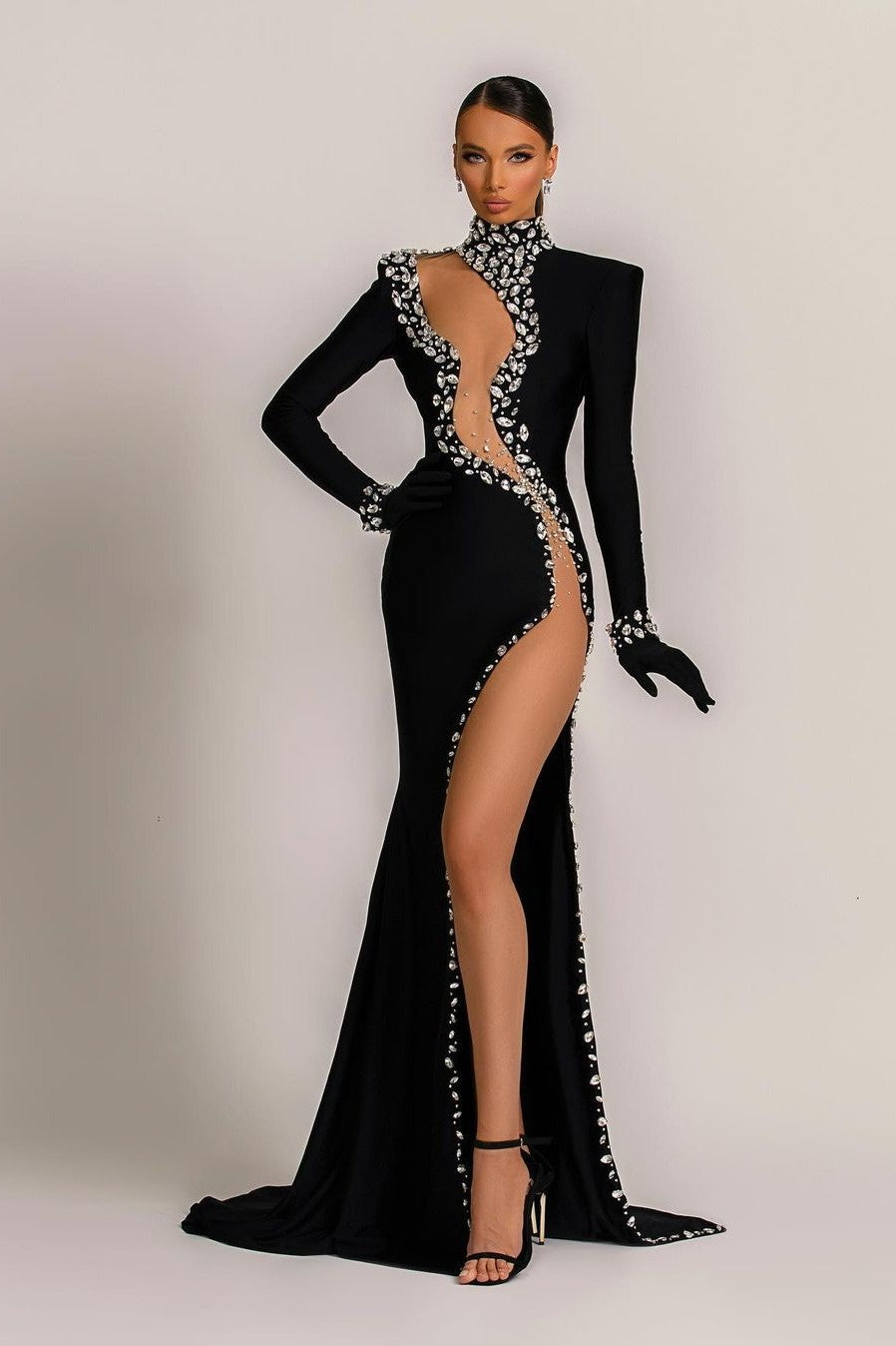 Chic Black Beaded High Neck Mermaid Long Prom Dress with Slit | Ballbella