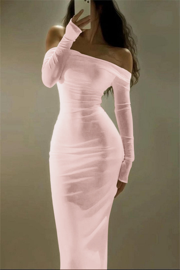 Chic Satin Ivory Off-the-Shoulder Long Sleeve Prom Dress with Pleats | Ballbella