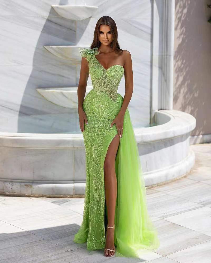 Charming Light Green Mermaid Sweetheart Evening Dress with Beadings and One Shoulder | Ballbella