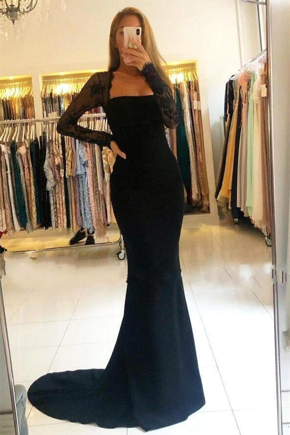 Black Long Sleeve Lace Mermaid Prom Dress | Ballbella