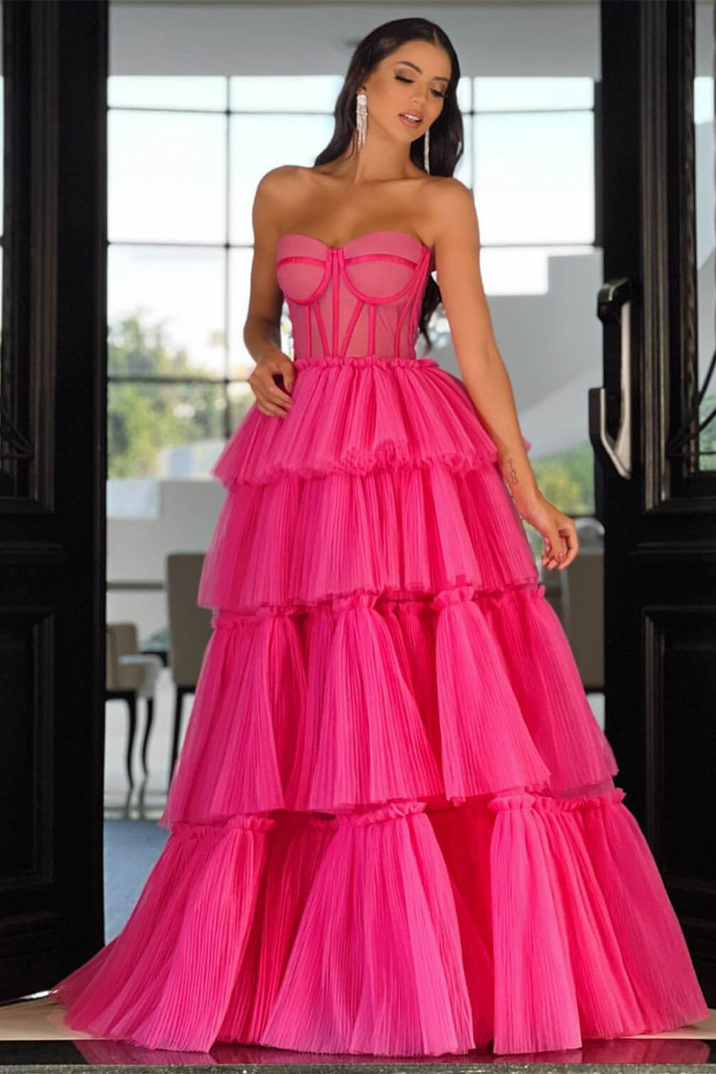 Hot Pink Elegant Sweetheart Prom Dress with Sleeveless Layers | Ballbella