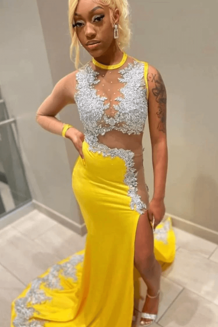 Glamorous Yellow Beaded Appliques Prom Dress with Split | Ballbella