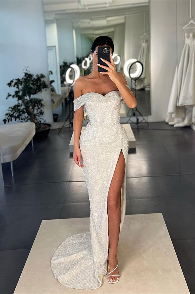 White Off-the-Shoulder Sequins Mermaid Prom Dress with Split | Ballbella