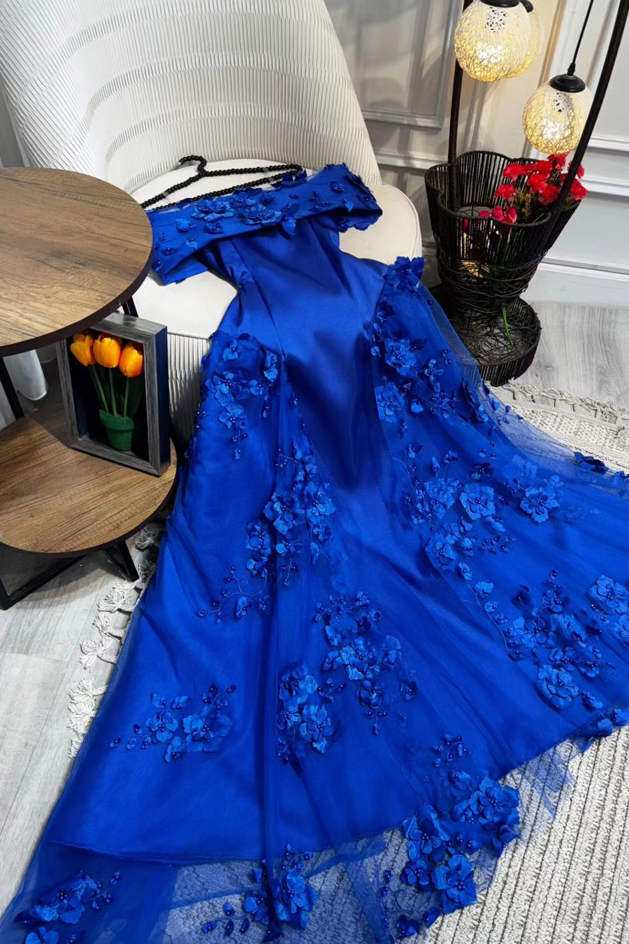 Chic Royal Blue Satin Off-the-Shoulder Strapless Prom Dress with Flowers | Ballbella