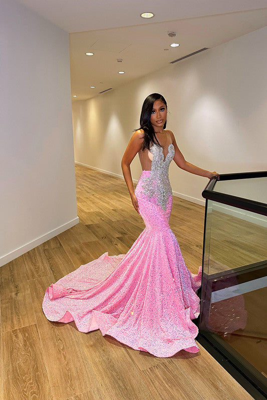 Glamorous Pink Straps Mermaid Beaded Prom Dress with Silver Sequins | Ballbella